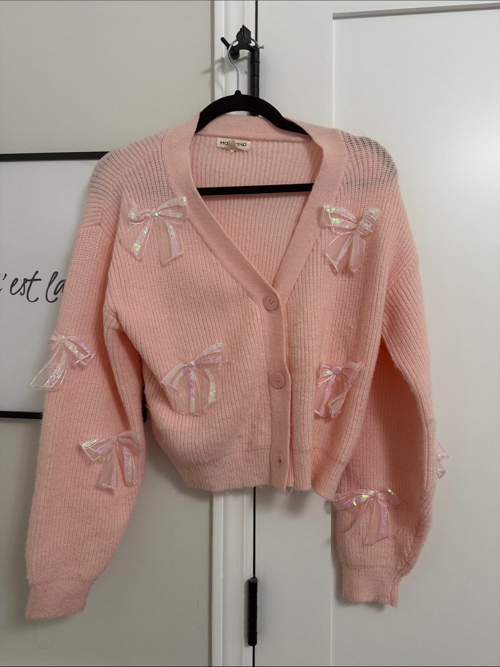 Main Strip Pink Bow-Trim V-Neck Cardigan From Honey Store.
